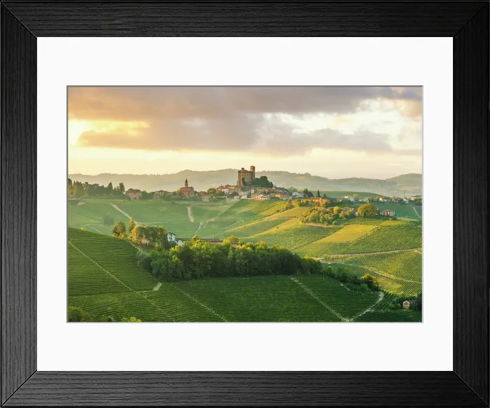 Framed Print : Serralunga d'Alba village and its vineyards at sunrise. Serralunga d'Alba, Langhe region, Cuneo province, Piedmont, Italy Framed Print : Serralunga d'Alba village and its vineyards at sunrise. Serralunga d'Alba, Langhe region, Cuneo province, Piedmont, Italy