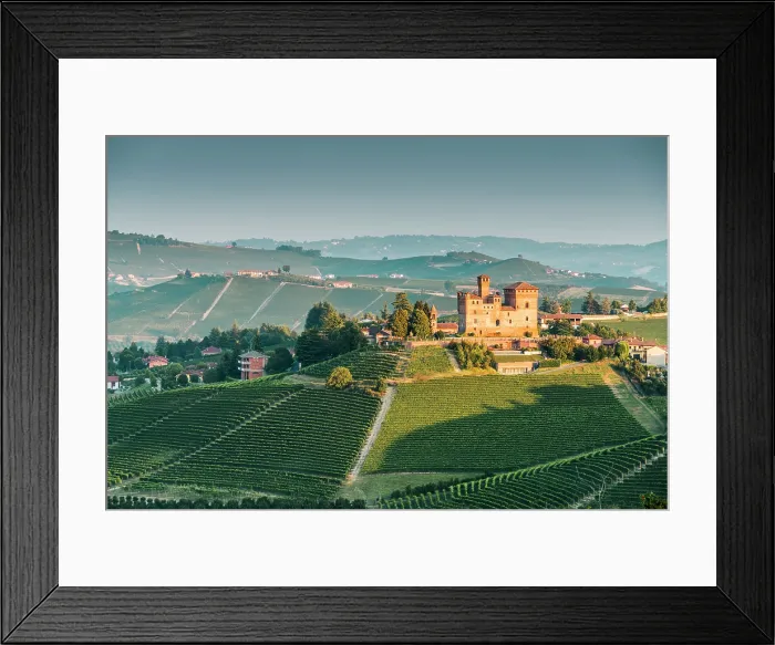 Framed Print : Grinzane Cavour village at sunrise. Langhe region, Cuneo province, Piedmont, Italy