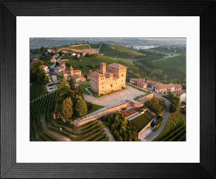 Framed Print : Aerial view of Grinzane Cavour village at sunrise. Langhe region, Cuneo province, Piedmont, Italy Framed Print : Aerial view of Grinzane Cavour village at sunrise. Langhe region, Cuneo province, Piedmont, Italy