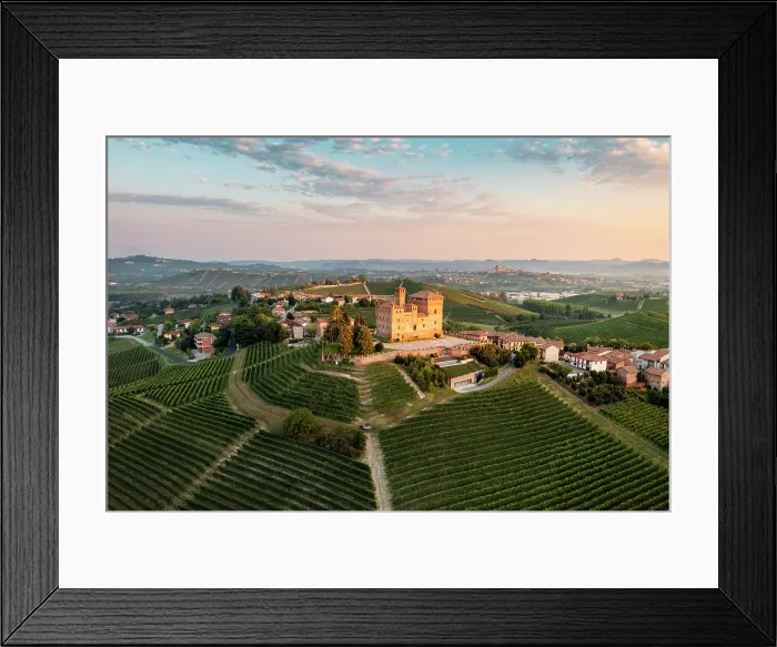 Framed Print : Aerial view of Grinzane Cavour village at sunrise. Langhe region, Cuneo province, Piedmont, Italy Framed Print : Aerial view of Grinzane Cavour village at sunrise. Langhe region, Cuneo province, Piedmont, Italy
