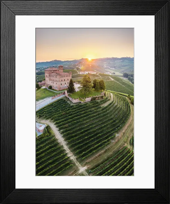 Framed Print : Aerial view of Grinzane Cavour village at sunrise. Langhe region, Cuneo province, Piedmont, Italy Framed Print : Aerial view of Grinzane Cavour village at sunrise. Langhe region, Cuneo province, Piedmont, Italy