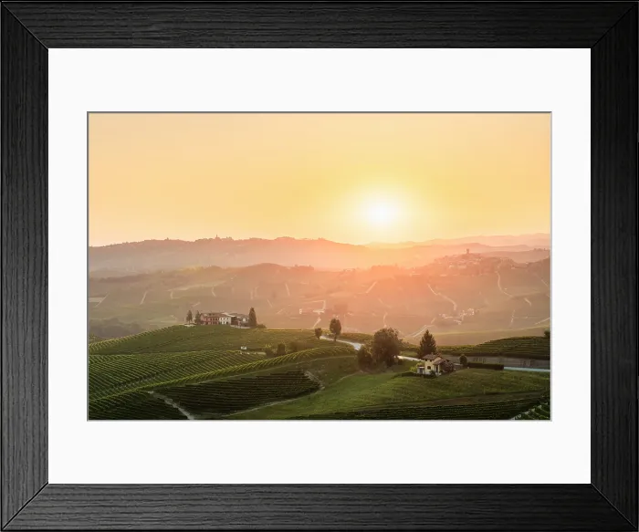 Framed Print : The village of Castiglione Falletto and its vineyards at sunrise. Langhe region, Cuneo province, Piedmont, Italy