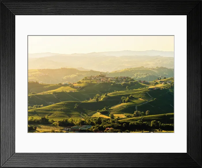 Framed Print : View of the Langhe hills and the village of Castiglione Falletto at dawn. Langhe, Cuneo province, Piedmont, Italy Framed Print : View of the Langhe hills and the village of Castiglione Falletto at dawn. Langhe, Cuneo province, Piedmont, Italy