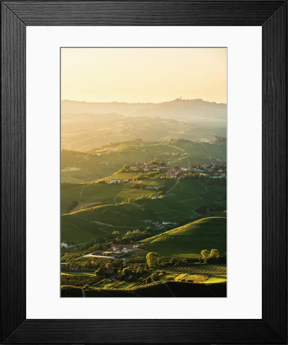 Framed Print : Langhe hills and the village of Castiglione Falletto at dawn. Langhe, Cuneo province, Piedmont, Italy Framed Print : Langhe hills and the village of Castiglione Falletto at dawn. Langhe, Cuneo province, Piedmont, Italy