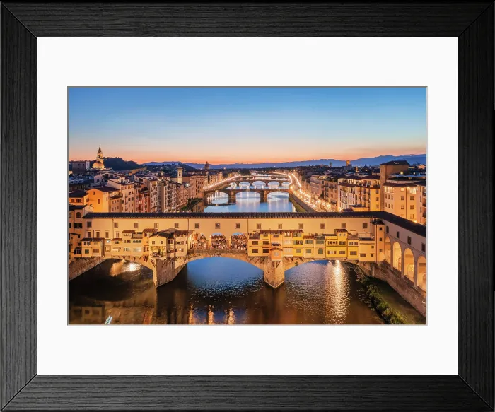 Framed Print : Aerial view of Ponte Vecchio and Arno river at dusk. Florence, Tuscany, Italy Framed Print : Aerial view of Ponte Vecchio and Arno river at dusk. Florence, Tuscany, Italy