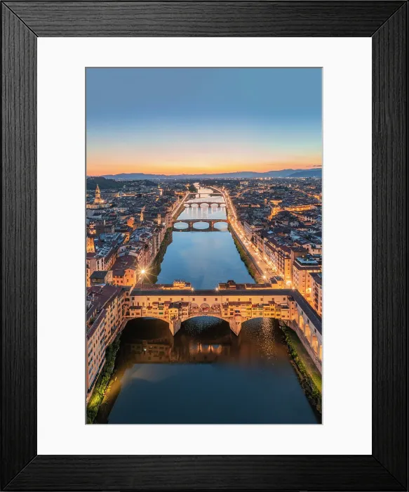 Framed Print : Aerial view of Ponte Vecchio and Arno river at dusk. Florence, Tuscany, Italy Framed Print : Aerial view of Ponte Vecchio and Arno river at dusk. Florence, Tuscany, Italy