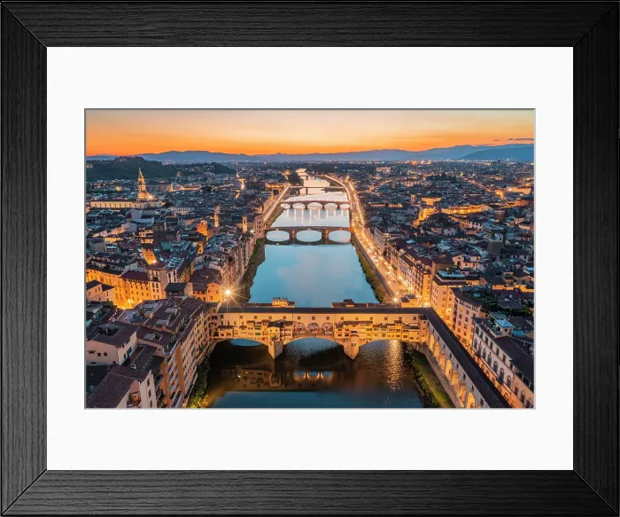 Framed Print : Aerial view of Ponte Vecchio and Arno river at dusk. Florence, Tuscany, Italy Framed Print : Aerial view of Ponte Vecchio and Arno river at dusk. Florence, Tuscany, Italy