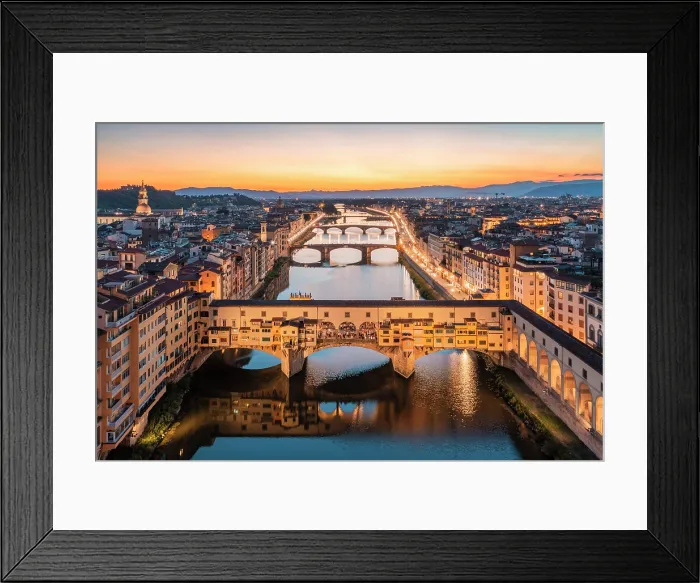 Framed Print : Aerial view of Ponte Vecchio and Arno river at dusk. Florence, Tuscany, Italy Framed Print : Aerial view of Ponte Vecchio and Arno river at dusk. Florence, Tuscany, Italy