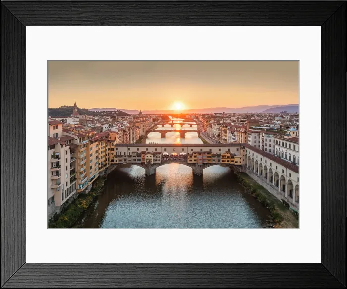 Framed Print : Aerial view of Ponte Vecchio and Arno river at sunset. Florence, Tuscany, Italy Framed Print : Aerial view of Ponte Vecchio and Arno river at sunset. Florence, Tuscany, Italy