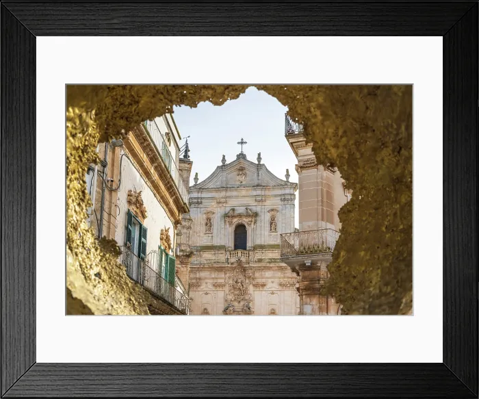 Framed Print : Europe, Italy, Apulia. Church in Martina Franca, Basilica of Saint Martin, seenn through an installation of modern art Framed Print : Europe, Italy, Apulia. Church in Martina Franca, Basilica of Saint Martin, seenn through an installation of modern art