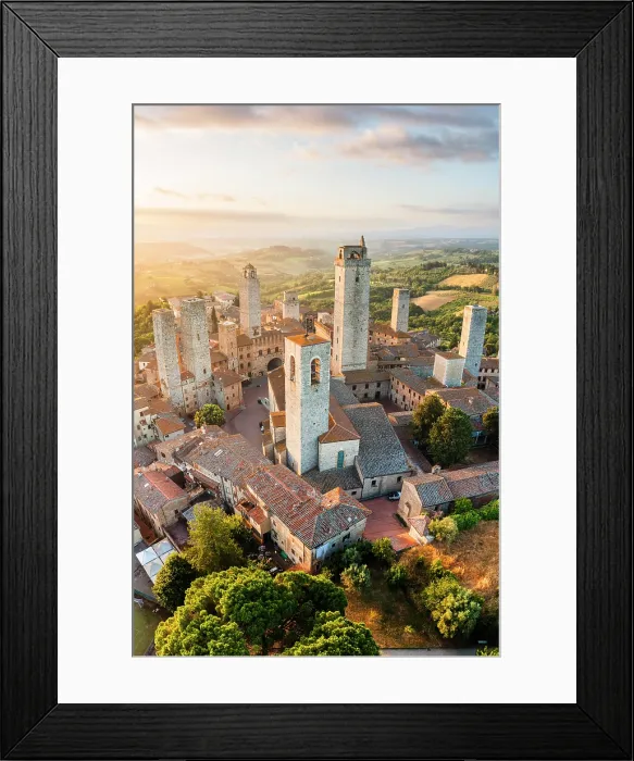 Framed Print : Aerial view of San Gimignano with its characteristic towers at sunrise. San Gimignano, Siena province, Tuscany, Italy Framed Print : Aerial view of San Gimignano with its characteristic towers at sunrise. San Gimignano, Siena province, Tuscany, Italy