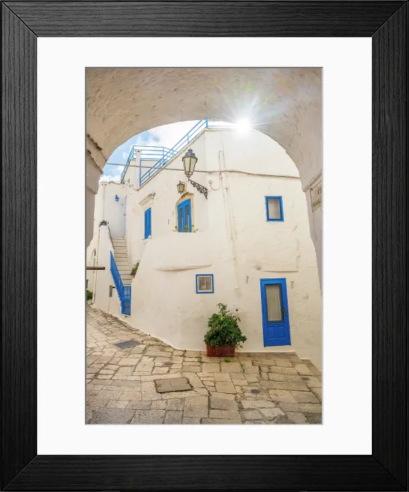 Framed Print : Europe, Italy, Apulia. A typical white street in the centre of Ostuni