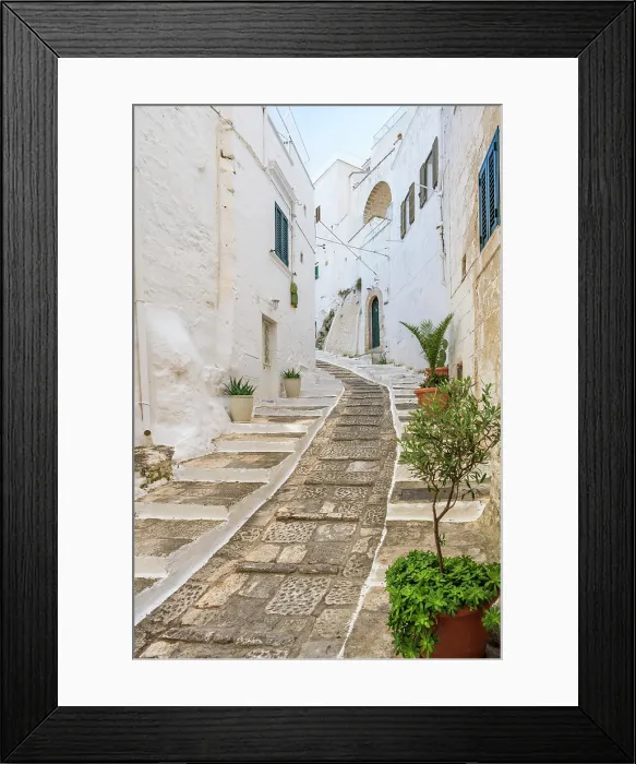 Framed Print : Europe, Italy, Apulia. The white town of Ostuni, a stairway in the historic centre of the town Framed Print : Europe, Italy, Apulia. The white town of Ostuni, a stairway in the historic centre of the town