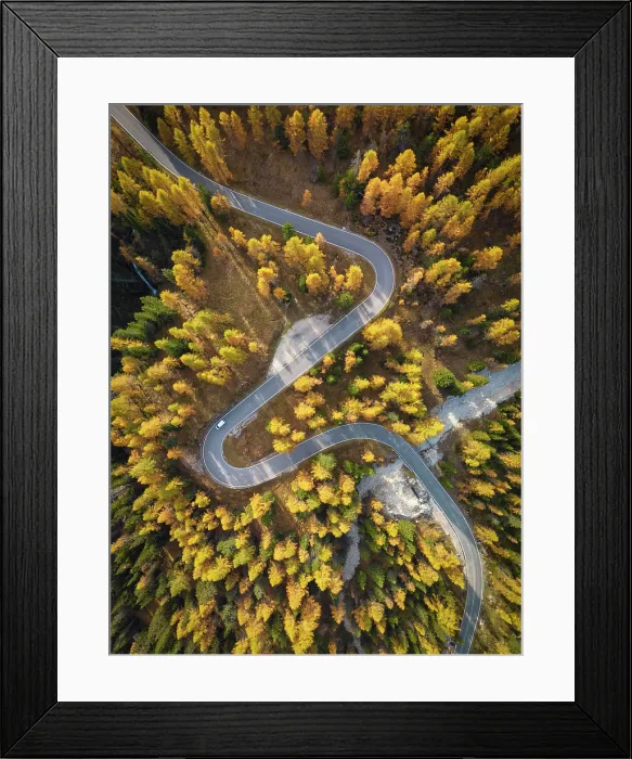 Framed Print : Aerial View over Road in Autumn, Belluno Province, Veneto, Italy Framed Print : Aerial View over Road in Autumn, Belluno Province, Veneto, Italy