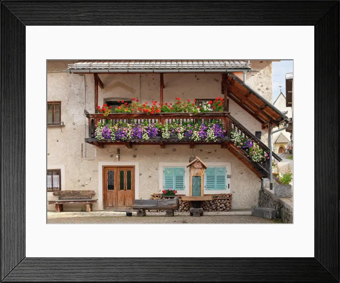 Framed Print : Typical Village House with Flower Boxes, Colle Santa Lucia, Dolomites, Veneto, Italy Framed Print : Typical Village House with Flower Boxes, Colle Santa Lucia, Dolomites, Veneto, Italy