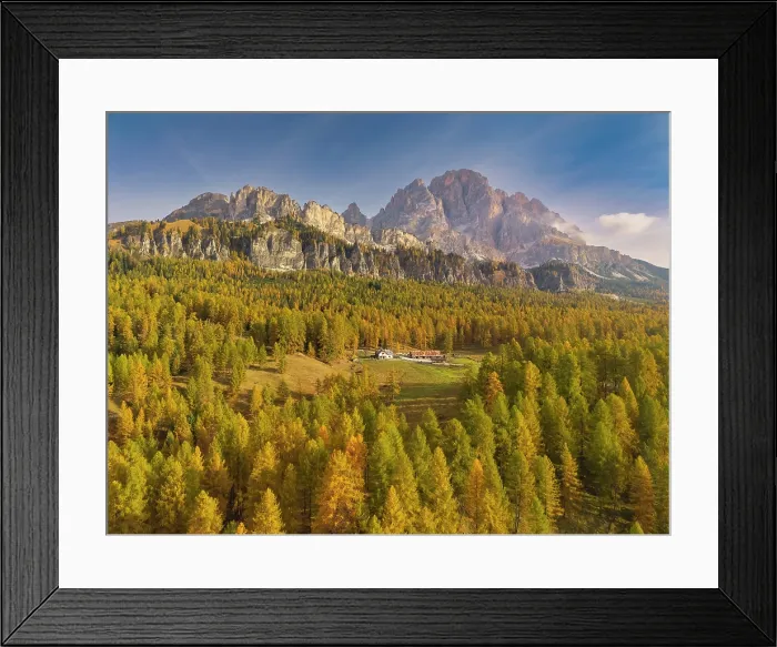 Framed Print : Autumn Larch Forest with Cristallo Mountains, Cortina d'Ampezzo, Belluno Province, Veneto, Italy Framed Print : Autumn Larch Forest with Cristallo Mountains, Cortina d'Ampezzo, Belluno Province, Veneto, Italy