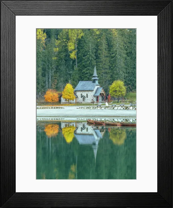 Framed Print : Church Reflecting in Lake Braies (Pragser Wildsee), Dolomites, South Tyrol, Italy Framed Print : Church Reflecting in Lake Braies (Pragser Wildsee), Dolomites, South Tyrol, Italy