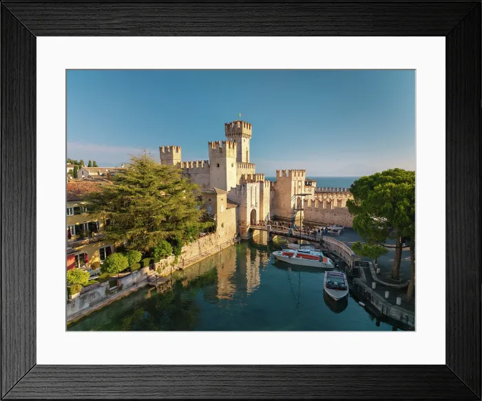 Framed Print : Aerial View over Scaliger Castle, Sirmione, Lake Garda, Brescia province, Lombardy, Italy Framed Print : Aerial View over Scaliger Castle, Sirmione, Lake Garda, Brescia province, Lombardy, Italy