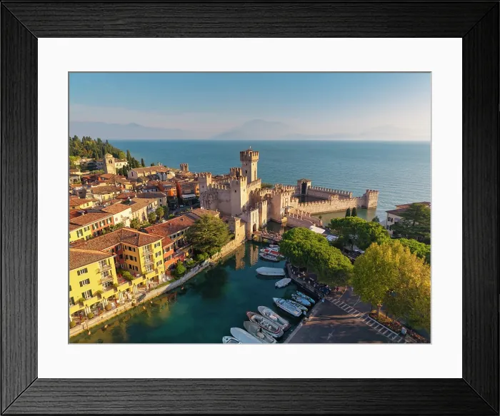 Framed Print : Aerial View over Scaliger Castle, Sirmione, Lake Garda, Brescia province, Lombardy, Italy Framed Print : Aerial View over Scaliger Castle, Sirmione, Lake Garda, Brescia province, Lombardy, Italy