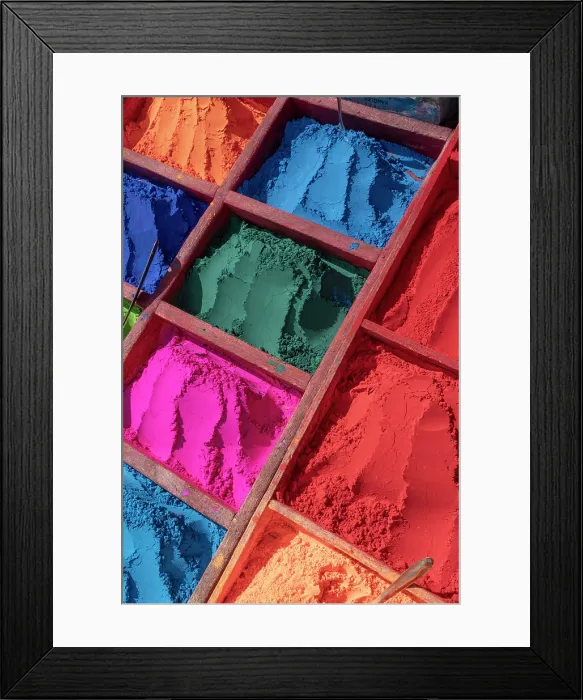Framed Print : Colourful powders for dyeing, Kathmandu, Nepal Framed Print : Colourful powders for dyeing, Kathmandu, Nepal