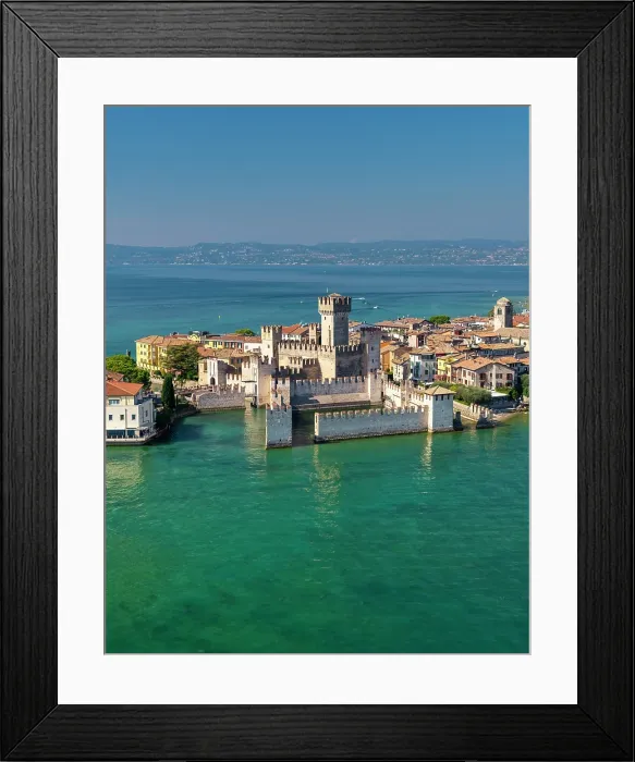 Framed Print : Aerial View over Scaliger Castle, Sirmione, Lake Garda, Brescia province, Lombardy, Italy Framed Print : Aerial View over Scaliger Castle, Sirmione, Lake Garda, Brescia province, Lombardy, Italy