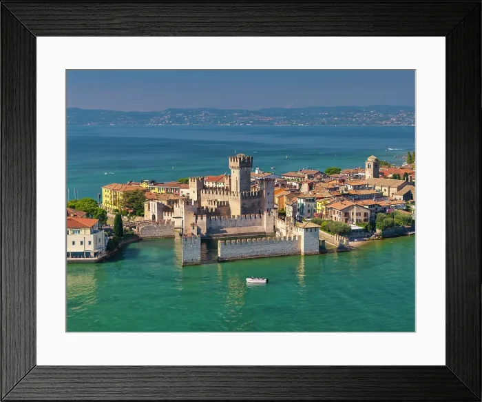 Framed Print : Aerial View over Scaliger Castle, Sirmione, Lake Garda, Brescia province, Lombardy, Italy Framed Print : Aerial View over Scaliger Castle, Sirmione, Lake Garda, Brescia province, Lombardy, Italy