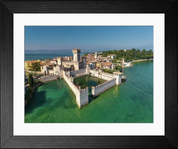 Framed Print : Aerial View over Scaliger Castle, Sirmione, Lake Garda, Brescia province, Lombardy, Italy Framed Print : Aerial View over Scaliger Castle, Sirmione, Lake Garda, Brescia province, Lombardy, Italy
