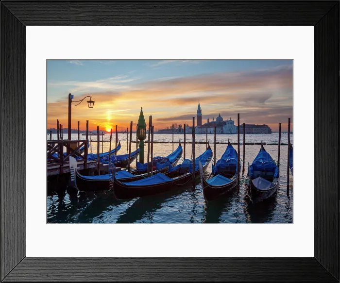 Framed Print : Italy, Veneto, Venice, Gondolas and San Giorgio church in the background on the lagoon at sunrise Framed Print : Italy, Veneto, Venice, Gondolas and San Giorgio church in the background on the lagoon at sunrise