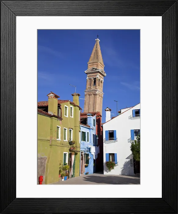 Framed Print : Italy, Veneto, Venice, Burano, The colourful houses of Burano & San Marino church Framed Print : Italy, Veneto, Venice, Burano, The colourful houses of Burano & San Marino church
