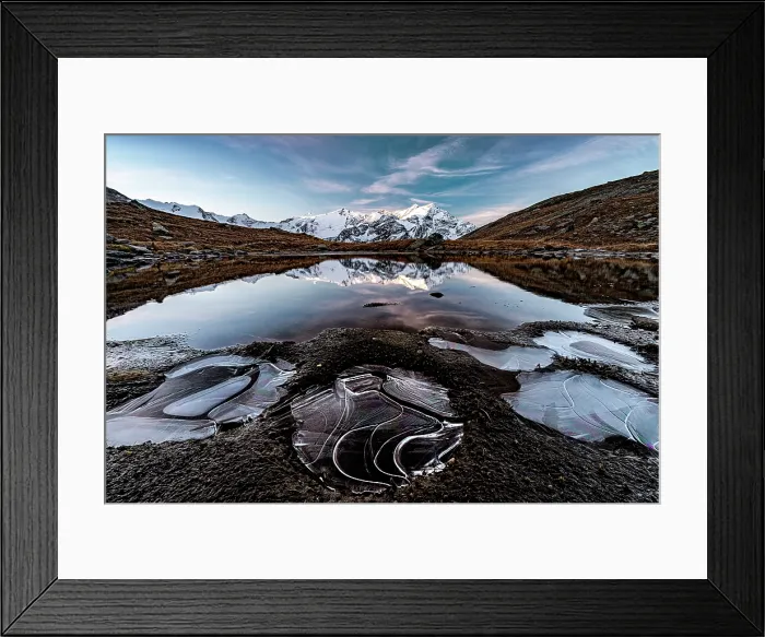 Framed Print : Mountain reflections with icy shapes, Val Cedec, Valtellina, Lombardy, Italy Framed Print : Mountain reflections with icy shapes, Val Cedec, Valtellina, Lombardy, Italy
