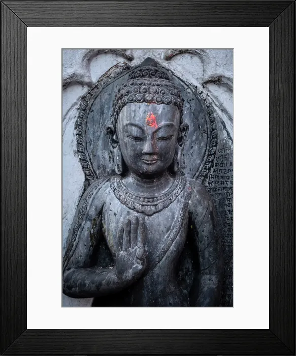 Framed Print : Carved statues at Swayambunath temple (aka Monkey Temple), Kathmandu, Nepal