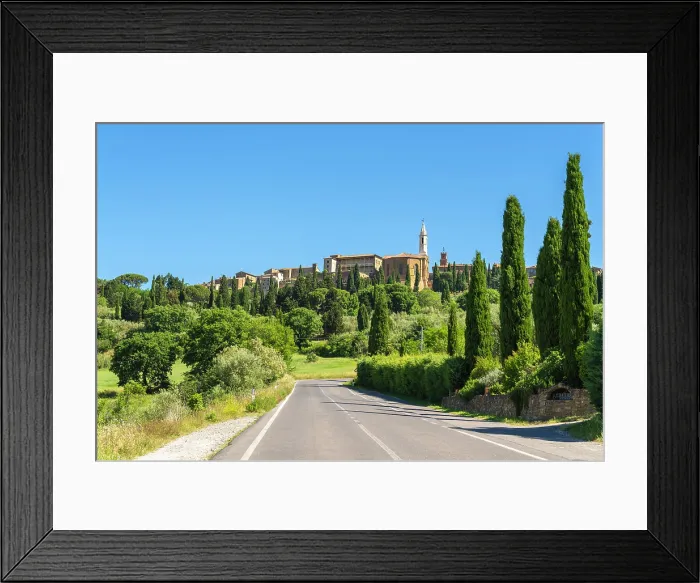 Framed Print : Italy, Tuscany, road leading to a hilltop town in Val d'Orcia Framed Print : Italy, Tuscany, road leading to a hilltop town in Val d'Orcia