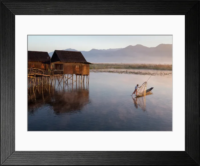 Framed Print : Myanmar, Burma, Shan, Fishermen in dugout canoes on Inle Lake at dawn Framed Print : Myanmar, Burma, Shan, Fishermen in dugout canoes on Inle Lake at dawn