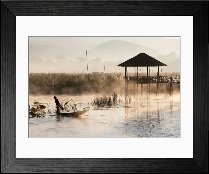 Framed Print : Myanmar, Burma, Shan, Fisherman in dugout canoe on Inle Lake at dawn Framed Print : Myanmar, Burma, Shan, Fisherman in dugout canoe on Inle Lake at dawn