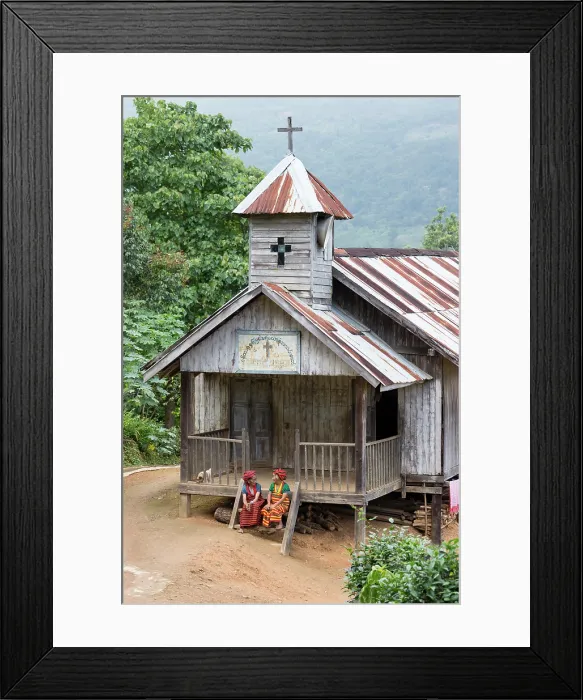 Framed Print : Myanmar, Burma, Chin, Two old ladies of the Ngraa tribe with tattooed faces on the steps of a wooden church Framed Print : Myanmar, Burma, Chin, Two old ladies of the Ngraa tribe with tattooed faces on the steps of a wooden church
