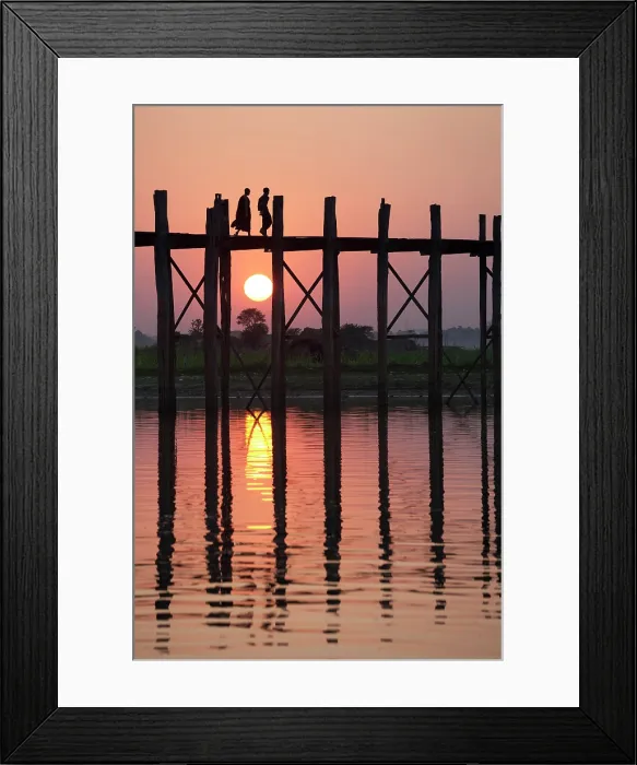 Framed Print : Myanmar, Burma, Mandalay, Amarapura Two monks cross U-Bein bridge at sunset Framed Print : Myanmar, Burma, Mandalay, Amarapura Two monks cross U-Bein bridge at sunset