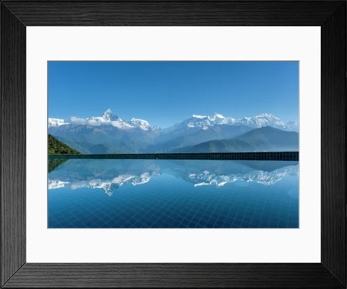 Framed Print : Annapurna mountain range reflected in hotel pool at Sarangkot near Pokhara, Annapurna Region, Gandaki Province, Nepalswimming pool Framed Print : Annapurna mountain range reflected in hotel pool at Sarangkot near Pokhara, Annapurna Region, Gandaki Province, Nepalswimming pool