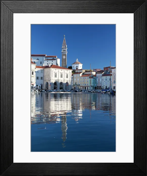 Framed Print : Slovenia, Piran, the church and old town reflected in the sea Framed Print : Slovenia, Piran, the church and old town reflected in the sea