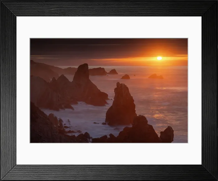 Framed Print : Sunset over the towering stacks of Urros de Liencres on the Broken Coast, Liencres, Cantabria, Spain. Autumn (September) 2025 Framed Print : Sunset over the towering stacks of Urros de Liencres on the Broken Coast, Liencres, Cantabria, Spain. Autumn (September) 2025
