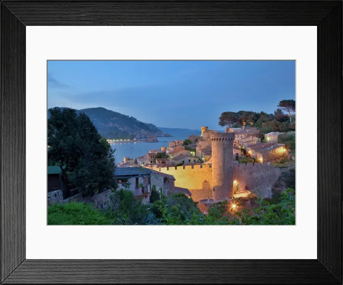 Framed Print : Spain, Catalonia, Tossa de Mar, The medieval walls of the Vila Vella (old town) lit up at night