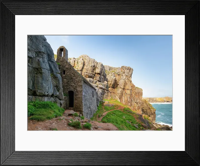 Framed Print : 13th century St Govan's Chapel, built into the side of a limestone cliff, St Govan's Head, Pembrokeshire, Wales Framed Print : 13th century St Govan's Chapel, built into the side of a limestone cliff, St Govan's Head, Pembrokeshire, Wales
