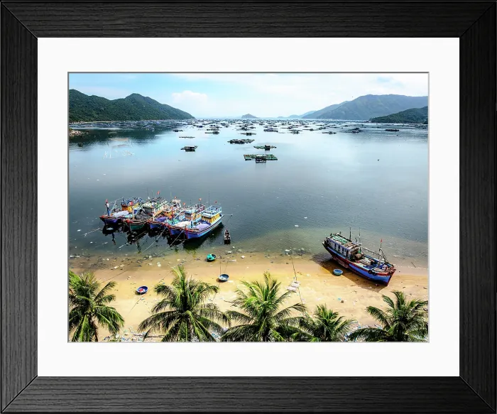 Framed Print : Fishing boats and floating lobster cages, Vung Ro Bay, Phu Yen Province, Vietnam Framed Print : Fishing boats and floating lobster cages, Vung Ro Bay, Phu Yen Province, Vietnam