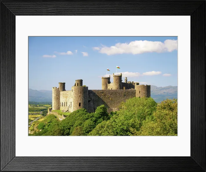 Framed Print : Views towards Harlech Castle (Castell Harlech), with the mountain peaks of Eryri (Snowdonia) National Park in the background, Harlech, Gwynedd, Wales Framed Print : Views towards Harlech Castle (Castell Harlech), with the mountain peaks of Eryri (Snowdonia) National Park in the background, Harlech, Gwynedd, Wales