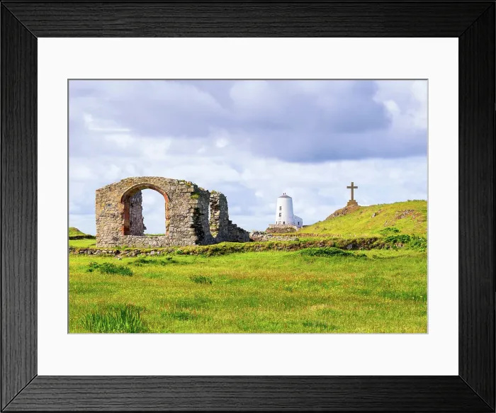 Framed Print : St Dwynwen Church ruins, Twr Mawr lighthouse and a cross on Llanddwyn Island in Anglesey, Wales Framed Print : St Dwynwen Church ruins, Twr Mawr lighthouse and a cross on Llanddwyn Island in Anglesey, Wales