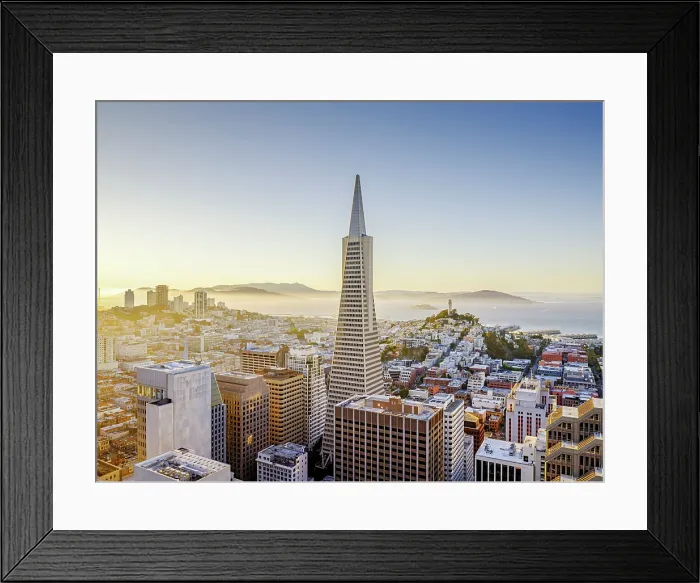 Framed Print : Bay Area and Downtown Sunset San Francisco with Transamerica Building, Golden Gate Bridge to the Left, Alcatraz and Coit Tower to the Right, San Francisco, California, USA