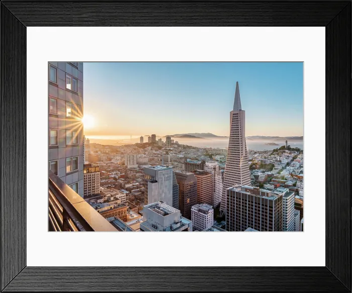 Framed Print : Bay Area and Downtown Sunset San Francisco with Transamerica Building, Golden Gate Bridge to the Left, Alcatraz and Coit Tower to the Right, San Francisco, California, USA Framed Print : Bay Area and Downtown Sunset San Francisco with Transamerica Building, Golden Gate Bridge to the Left, Alcatraz and Coit Tower to the Right, San Francisco, California, USA