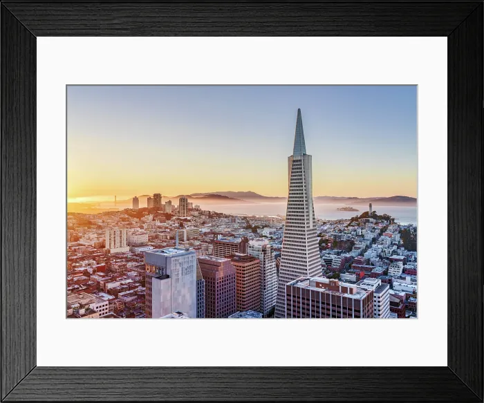 Framed Print : Bay Area and Downtown Sunset San Francisco with Transamerica Building, Golden Gate Bridge to the Left, Alcatraz and Coit Tower to the Right, San Francisco, California, USA Framed Print : Bay Area and Downtown Sunset San Francisco with Transamerica Building, Golden Gate Bridge to the Left, Alcatraz and Coit Tower to the Right, San Francisco, California, USA