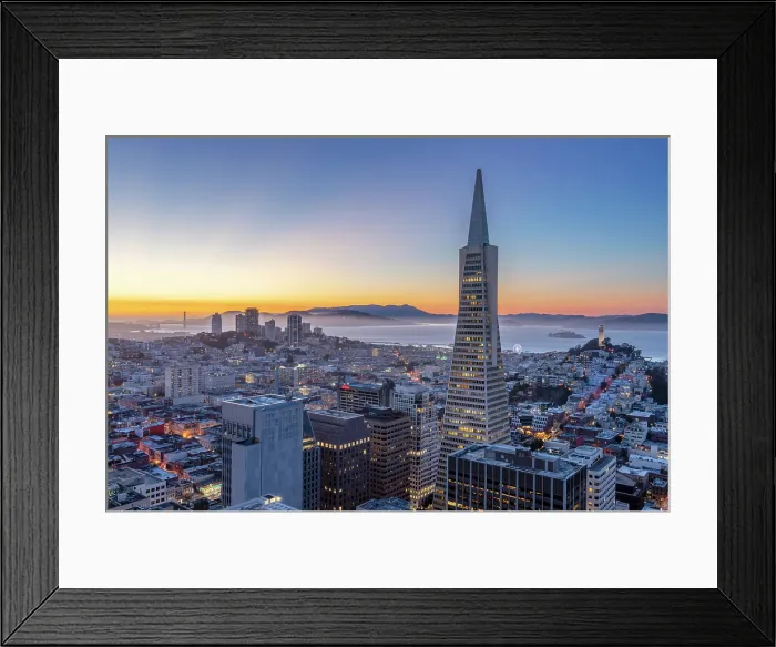 Framed Print : Bay Area and Downtown San Francisco with Transamerica Building, Golden Gate Bridge to the Left, Alcatraz and Coit Tower to the Right, San Francisco, California, USA Framed Print : Bay Area and Downtown San Francisco with Transamerica Building, Golden Gate Bridge to the Left, Alcatraz and Coit Tower to the Right, San Francisco, California, USA