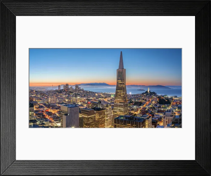 Framed Print : Bay Area and Downtown San Francisco with Transamerica Building, Golden Gate Bridge to the Left, Alcatraz and Coit Tower to the Right, San Francisco, California, USA Framed Print : Bay Area and Downtown San Francisco with Transamerica Building, Golden Gate Bridge to the Left, Alcatraz and Coit Tower to the Right, San Francisco, California, USA
