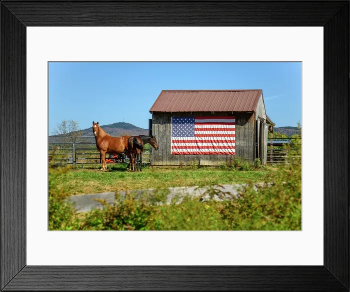 Framed Print : USA, New England, New Hampshire, Grafton County, Goshen, Barn with flag